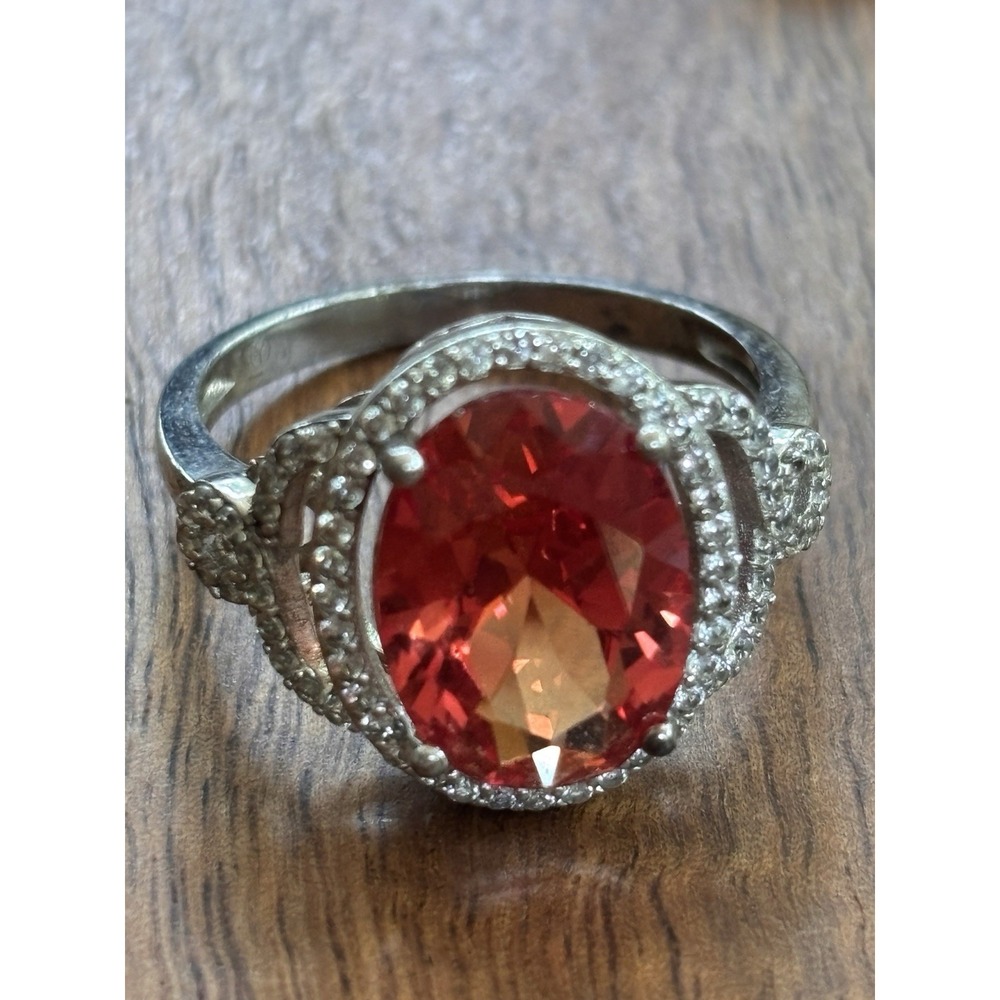 Sterling Silver Oval Orange Sapphire Halo Ring Size 10